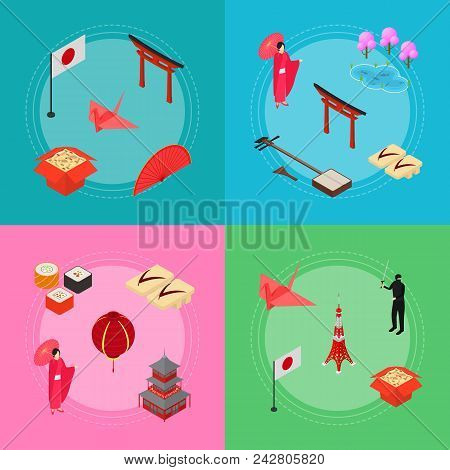 Symbol Of Japan Banner Card Set Isometric View Style Design Japanese Asian Element Travel Business. 