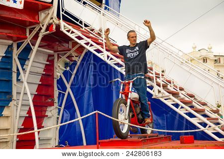Rimini, Italy - 7.05.2018: Motorcycle Show Of Russian Devils With Complicated Circus Tricks In Rimin