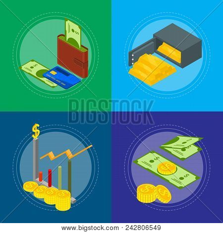 Money Banner Card Set Isometric View Include Of Coin, Dollar Stack, Graph, Plastic Credit Card, Wall