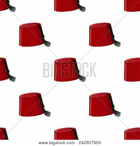 Traditional Turkish Hat Fez Or Tarboosh Seamless Pattern Isolated On White Background. Flat Icon. Ca