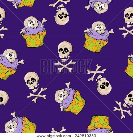 A Bright Seamless Pattern For Halloween With A Picture Of Capkakes, Hats And Skulls. Vector Illustra
