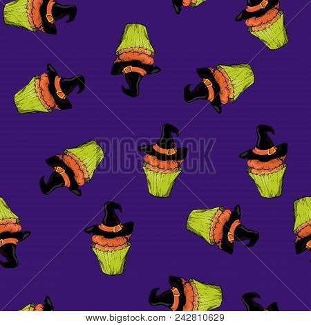A Bright Seamless Pattern For Halloween With A Picture Of Capkakes, Hats And Skulls. Vector Illustra