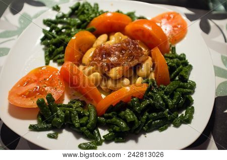 Healthy Typical Italian Tomato And Legumes Dish Ready To Be Eat On The Plate. Florence Italy