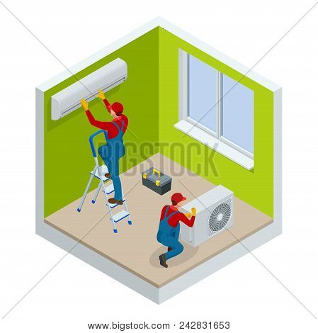 Isometric Technician Repairing Split Air Conditioner On A White Wall. Construction Building Industry