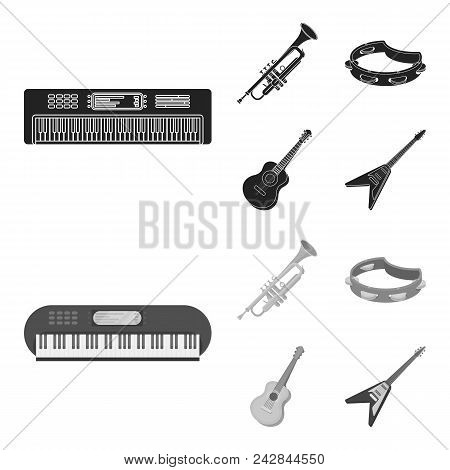 Electro Organ, Trumpet, Tambourine, String Guitar. Musical Instruments Set Collection Icons In Black