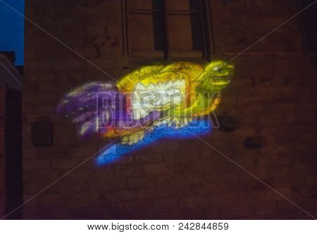 Le Mans, France - August 28, 2016: Night Of Chimera Illuminated Perfomance On The Wall Of Roman And 