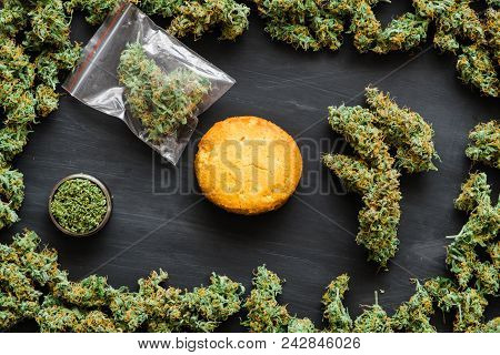 Grinder A Lot Ofx Marijuana, Fresh Buds Of Cannabis Many Weed. Copy Spase Copy-space