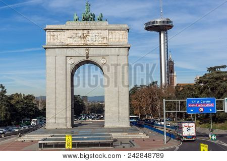 Madrid, Spain - January 23, 2018: Memory Arch And Lighthouse Of Moncloa In City Of Madrid, Spain