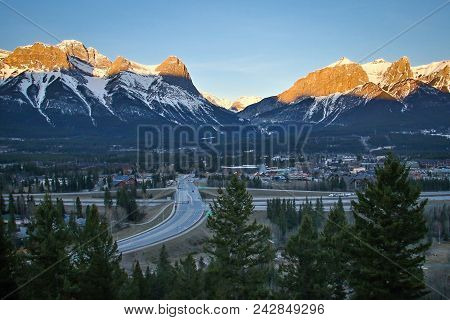 Typical Sunrise Scenery Frrom Benchalnds Terrace Viewpoint In Canmore, Alberta, Canada, Springtime V