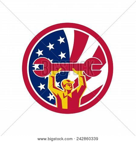 Icon Retro Style Illustration Of An American Automotive Mechanic Lifting Spanner With United States 