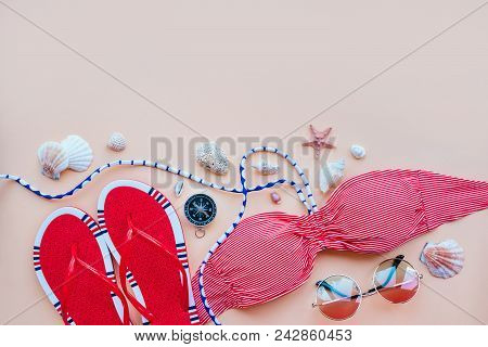 Summer Fashion Flatlay With Gradient Round Sunglasses, Red Flats And Striped Bikini Top. Decorated W