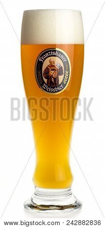 Groningen, Netherlands - February 06, 2018: Glass Of German Franziskaner Wheat Beer Isolated On A Wh