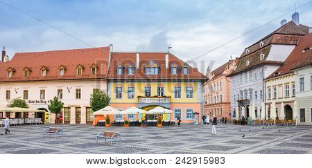 Sibiu, Romania - June 2, 2014: Panorama Of Piata Mare Central Square In Historical Sibiu, Romania