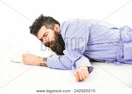 Man With Relaxed Face, Opened Mouth, Lay On Pillow. Hipster With Beard Fall Asleep. Fast Asleep Conc