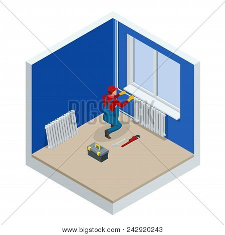 Isometric Professional Plumber Worker Installing Heating Radiator In An Empty Room Of A Newly Built 
