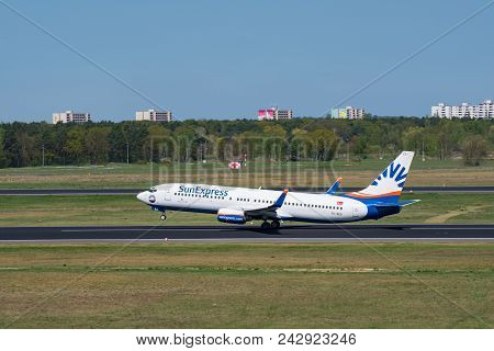 Berlin Germany - April 21. 2018: Sunexpress Boeing 737-800 Take Off From Berlin Tegel Airport