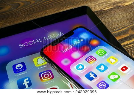 Sankt-petersburg, Russia, May 30 2018: Apple Ipad And Iphone X With Icons Of Social Media Facebook, 
