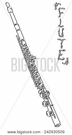 Vector Abstract Graphic Arts Sketch Of Drawing Flute (black Ink).