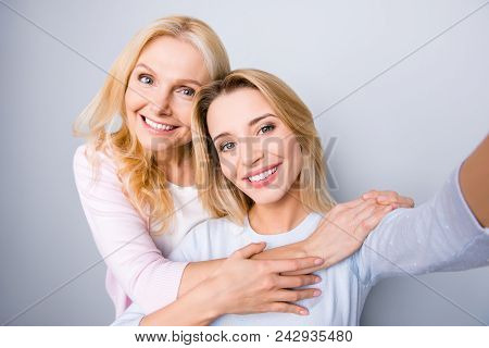 Self Portrait Of Stylish Trendy Cute Lovely Grandma And Daughter, Warm Hugs, Shooting Selfie On Fron