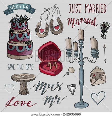 Set Of Hand Drawn Colorful Wedding Elements. Set Of Ornamental Wedding Style Elements. Wedding Cake,