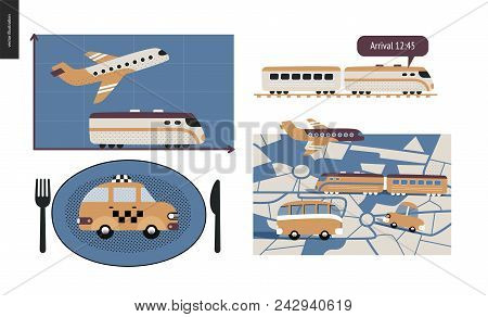 From Point A To Point B A Set Of Transportation Planning Concept - Airplane And Train Timetable Grap
