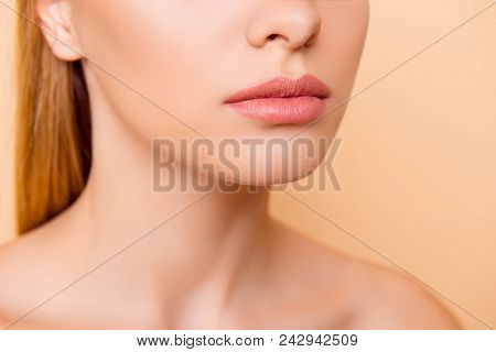 Close Up Cropped Half Face Portrait Of Attractive, Nude, Natural, Perfect, Ideal Girl With Soft, Hea