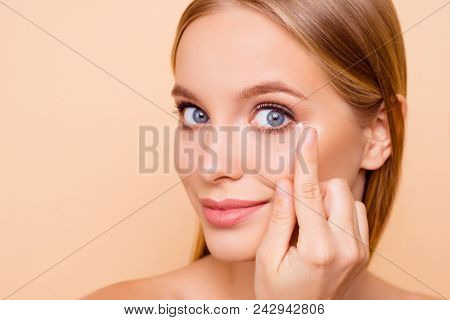 Portrait Of Pretty, Charming, Nude, Natural Cute, Cheerful Girl Putting Crystalline Lens In Left Eye