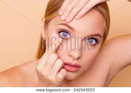 Close Up Cropped Portrait Of Pretty Charming Cute Nude Natural Girl Putting Crystalline Lens In Righ
