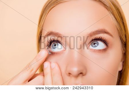 Close Up Cropped Portrait Of Pretty Charming Cute Nude Natural Girl Looking Up Putting Crystalline L