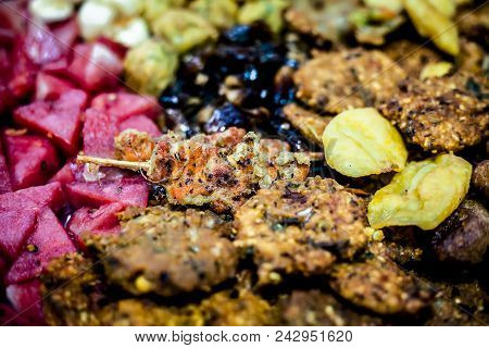 Snacks And Fruits With Black And Common Dates With Drinks And Halwa Grass Or China Grass Time For If