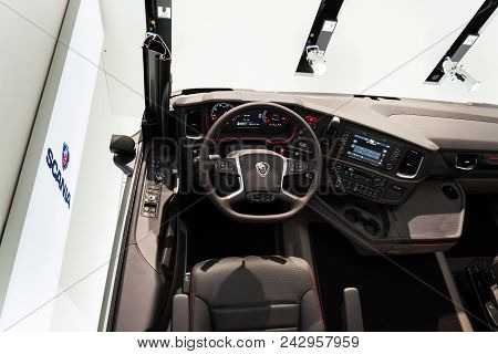 Berlin, Germany - May 15 2018: Scania Company Logo In Truck Cabin At Volkswagen Group Forum Drive On