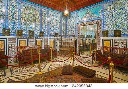 Cairo, Egypt - December 24, 2017: Blue Floral Patterns Cover The Tiles Of Mirror Hall In Medieval Ma