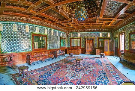 Cairo, Egypt - December 24, 2017:  Panorama Of The Moroccan Hall Of Reception Palace Of Manial Compl