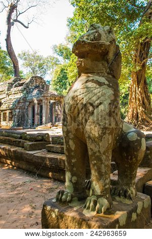 Lion Statue In The Old Antient Ta Prohm Temple In Angkor Wat Complex In Cambodia