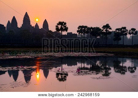 Breathtaking Sunrise In Antient Old Angkor Wat Temple In Cambodia