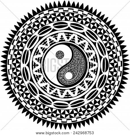Circular Pattern In Form Of Mandala With Yin-yang Hand Drawn Symbol. Traditional Ornaments Of Maori