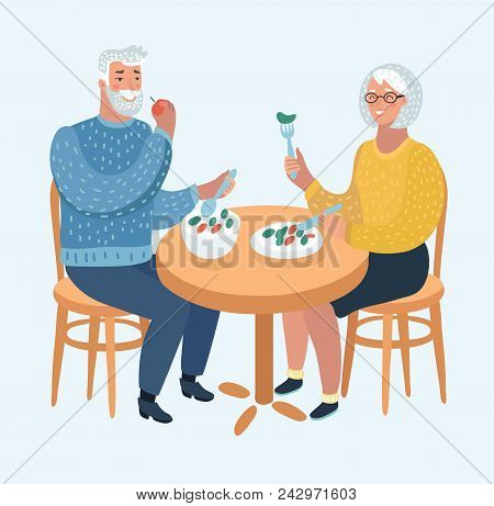 Vector Cartoon Illustration Of An Elderly Couple Eating At A Fine Dining Restaurant Or Cafe. Human C