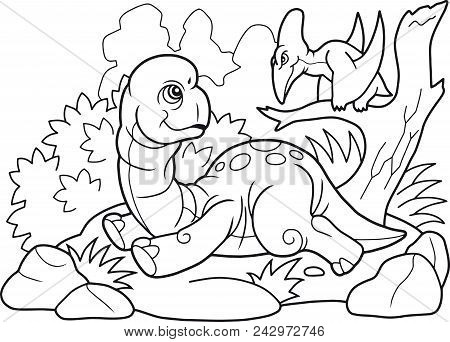 Cartoon Cute Prehistoric Brachiosaurus, Funny Illustration Coloring Book