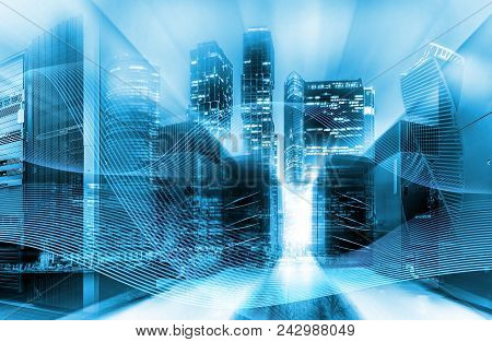 Abstract Blue Digital City With Power Lines And Data Center Equipment. Urban Innovation And Technolo