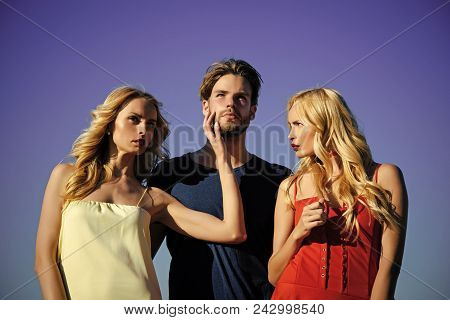 Couple In Love. Beauty And Summer Fashion. Love Triangle And Romance. Man With Beard With Twins, Rel