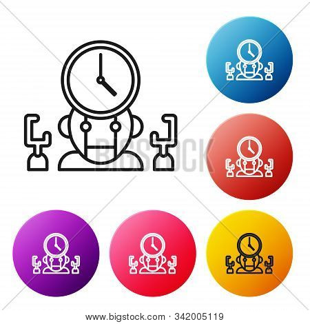 Black Line Robot And Digital Time Manager Icon Isolated On White Background. Time Management Assista