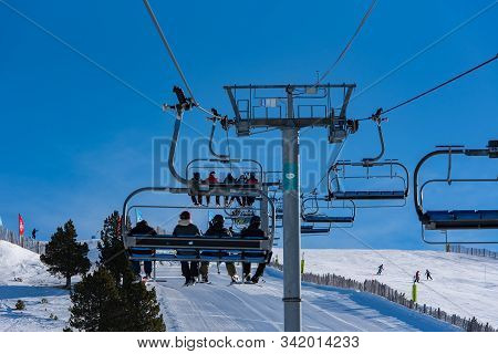 Grandvalira, Andorra : 2019 December 28 : People Having Fun In Sunny Day On Grandvalira Ski Station 