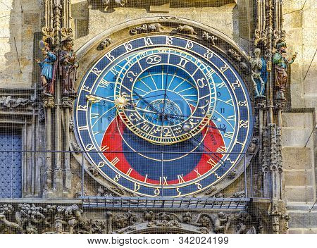 Prague, Czech Republic - September 12, 2019: Beautiful Big Vintage Clock With Arrows And Decorations