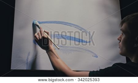 Artist Copyist Paint Seascape With Ship In Ocean. Craftsman Decorator Draw As Boat Sail On Blue Sea 