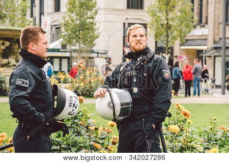 German Police Officer. Riot Police Germany. Police Patrolling In Dusseldorf October 27, 2018. German