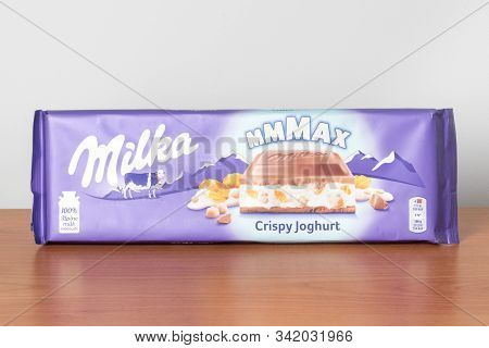 Pruszcz Gdanski, Poland - November 25, 2019: Milka Mmmax Chocolate With Crispy Joghurt.