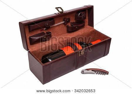 Open Brown Leather Case For Wine With A Set Of Tools On White Background. Wine Opener Gift Set With 