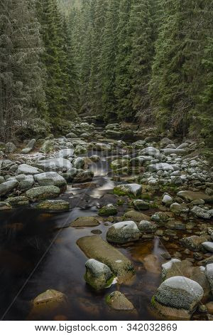 Vydra River In Winter Cold Day In National Park Sumava