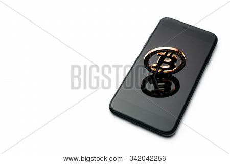 Bit Coin. Gold Cryptocurrency, Black Smartphone Isolated On White Background. Litecoin, Ethereum Cry