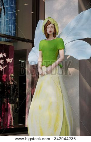 Dusseldorf/Germany - April 16, 2019: Seasonal decoration during Springtime in front of the shopping mall 